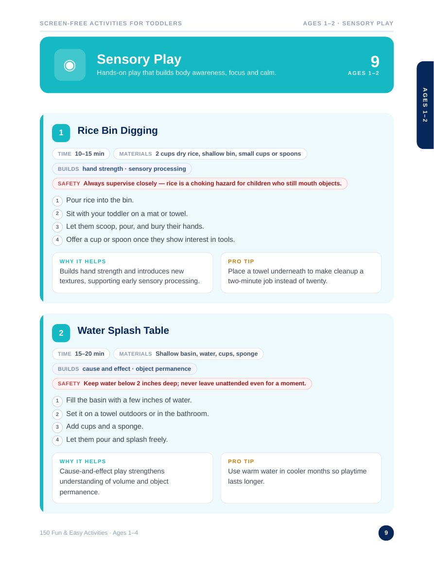Sample page showing two fully written toddler activities with time, materials and steps