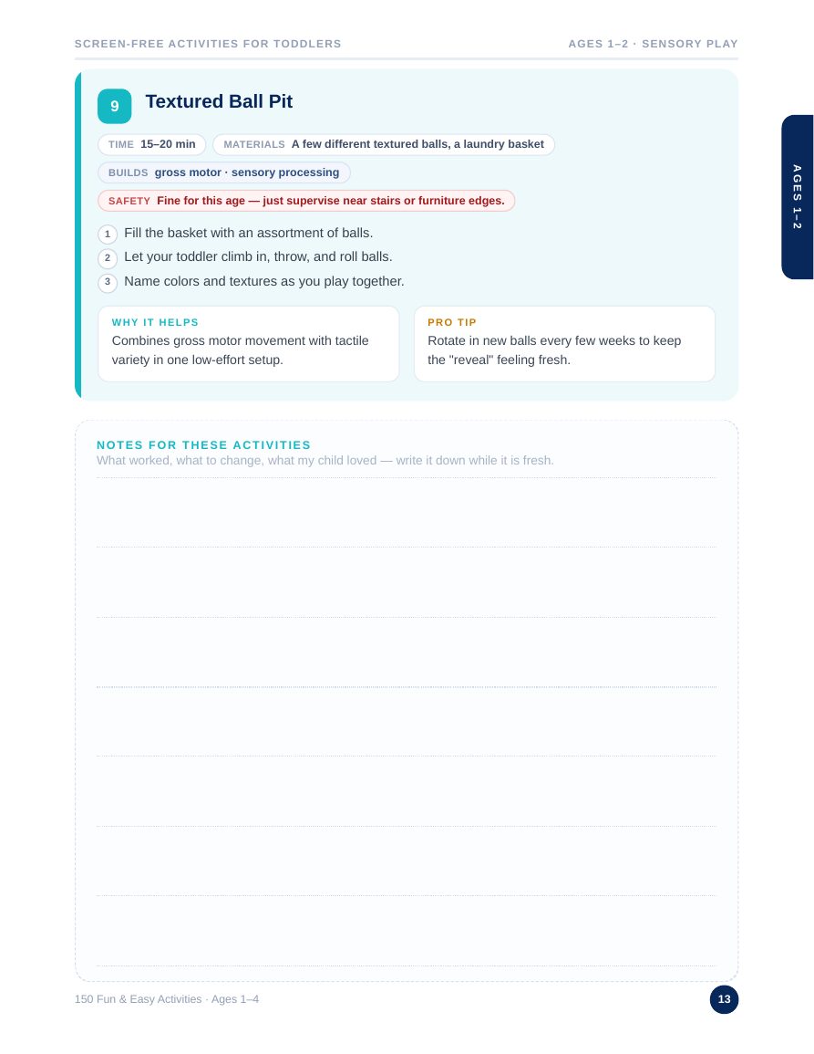 Activity page with time, materials, safety note, steps, why it helps and pro tip