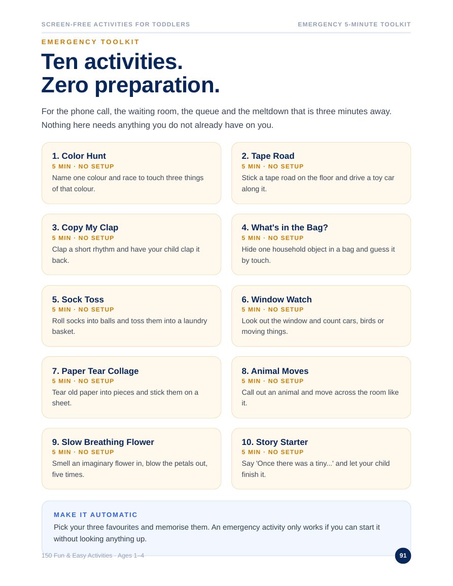 Emergency five-minute activities page
