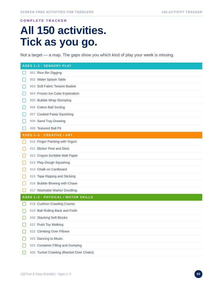 150-activity tracker with tick boxes grouped by age and category